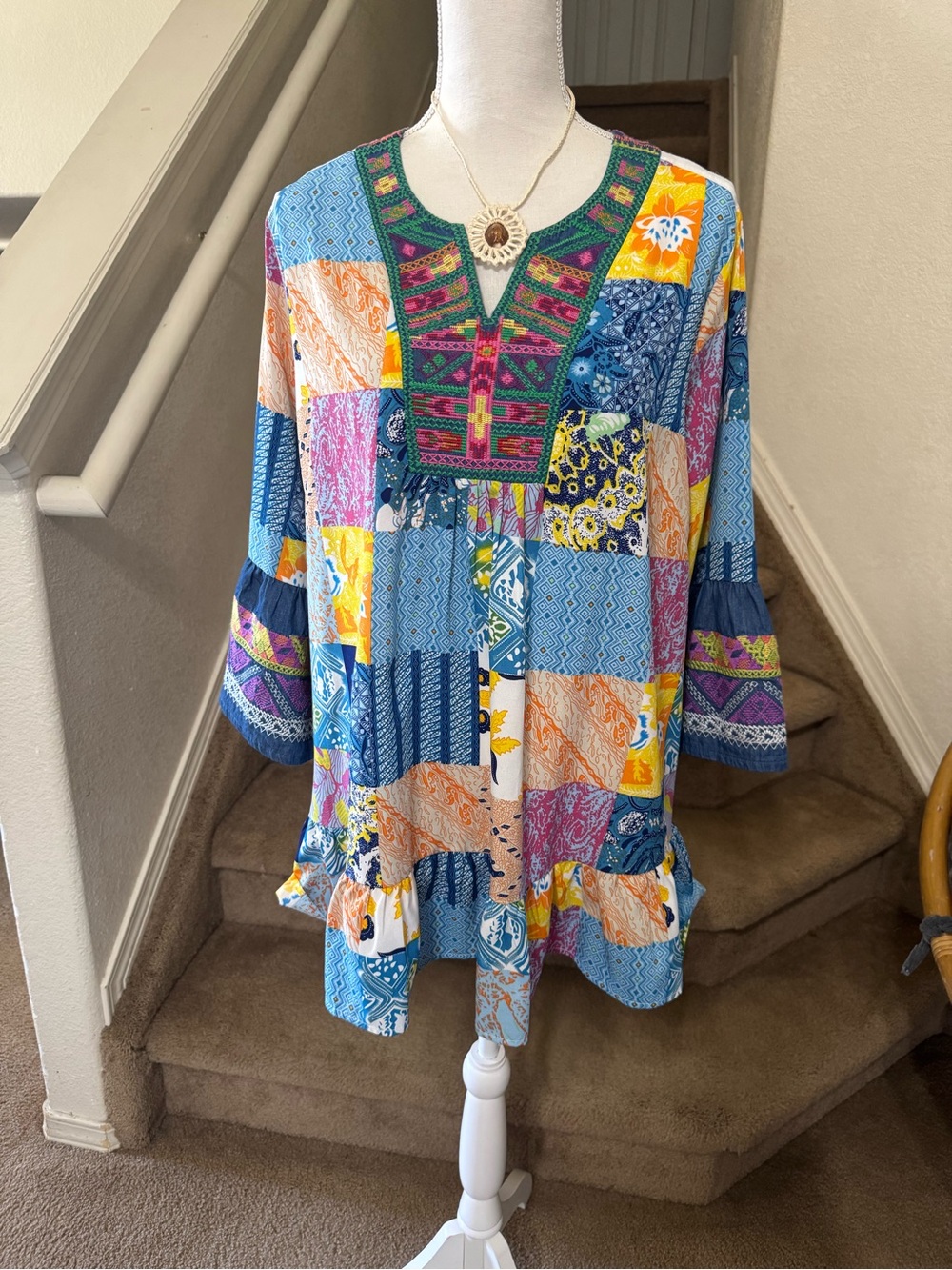 Boho Patchwork Tunic Dress in Blue, Yellow & Pink